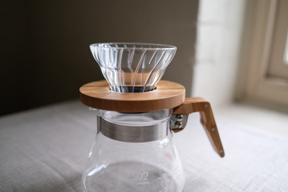 Hario V60 Glass Dripper Olive Wood Base 12 Person Kurasu Singapore